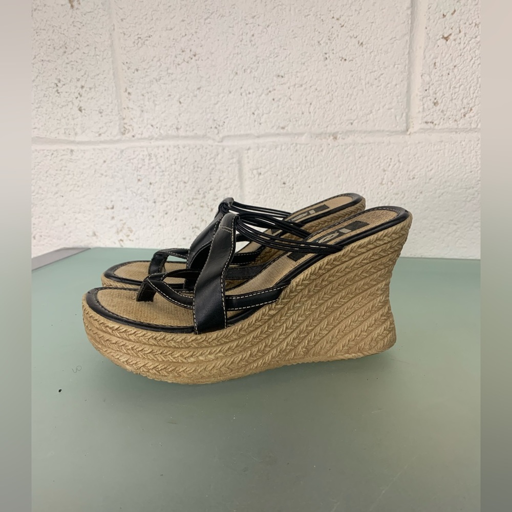 LEI Vintage Y2K Strappy Wedge Sandals Black Faux Leather - Picture 3 of 7